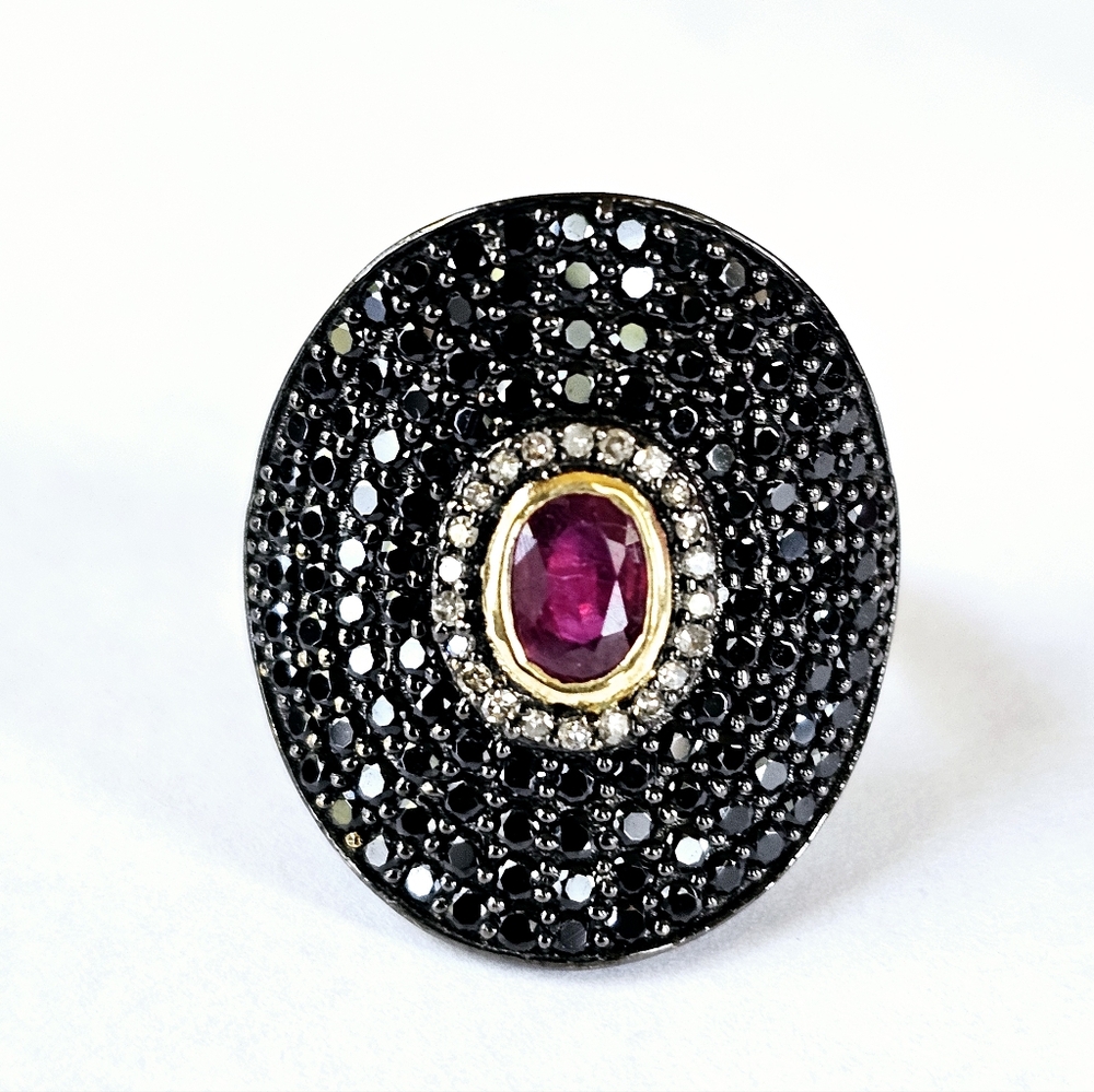 Genuine Carol Brodie Ruby & Black Spinel Ring Yellow Gold over 925 Sz 6! ✨️